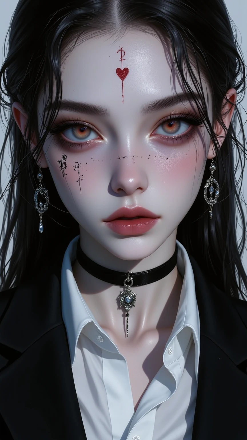 a gothic clown girl, detailed face, beautiful eyes, long eyelashes, pale skin, dark makeup, black and red dress, puffed sleeves, ruffles, lace, holding a black rose, eerie, unsettling, moody lighting, dark cinematic atmosphere, muted color palette, (best quality,4k,8k,highres,masterpiece:1.2),ultra-detailed,(realistic,photorealistic,photo-realistic:1.37)