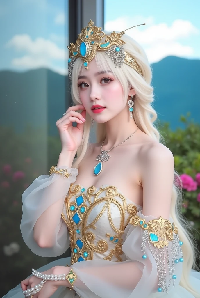 Fallen European princess，junkyard，Being targeted by passers-by，Close your eyes and enjoy，Dim light，squatt，Spread your legs，and hold your head in your hands，One-shoulder princess luxury dress dress，耳Nipple Ring， Underarms， jewely， Jewelry bracelet， adiamondnecklace，littered with garbage，Luxurious tiara，Commuting pure white small heels， The whole body drips，Pointed-toe heels，A sagging breast， White skin， 8K， Delicate lips， finely-detailed eyes， 二重まぶた