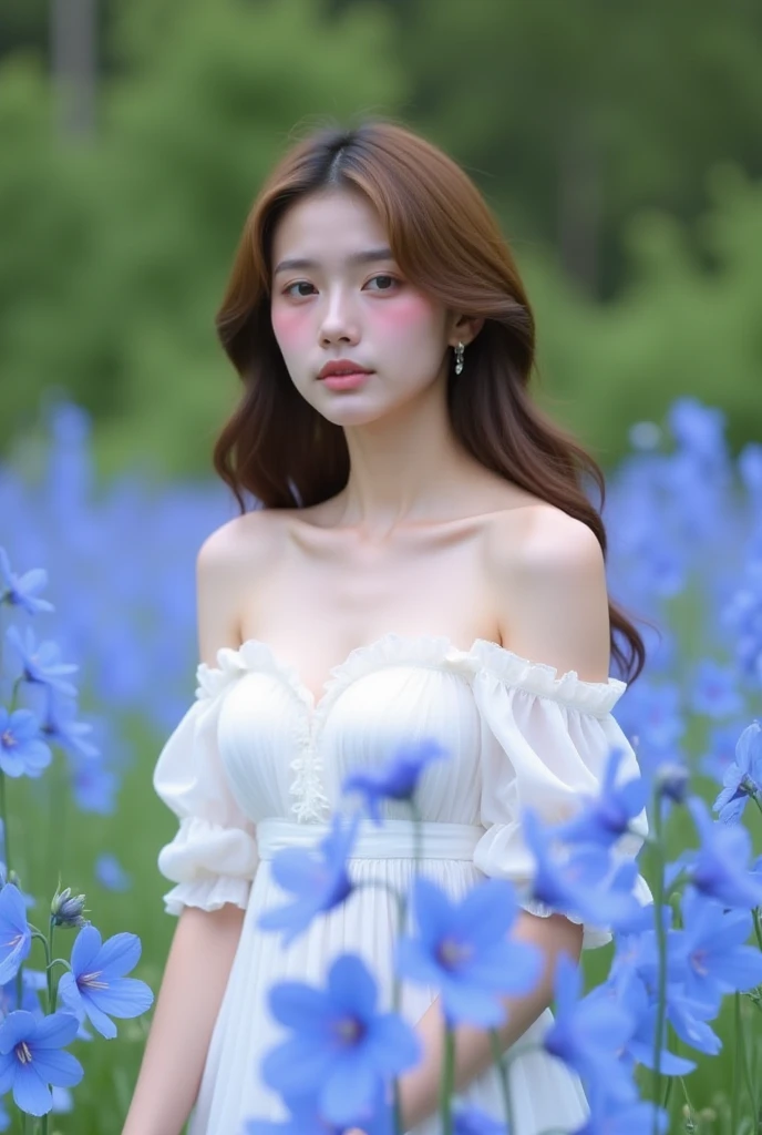 there is a woman with a flower crown on her head, Kim Do-young, Shin Jinying, jaeyeon nam, jinyoung shin art, taejune kim, inspirado por Kim Jeong-hui, inspired by Sim Sa-jeong, sun yunjoo, She is surrounded by light blue flowers, her face looks like an orchid, inspired by Yanjun Cheng, heonhwa choe