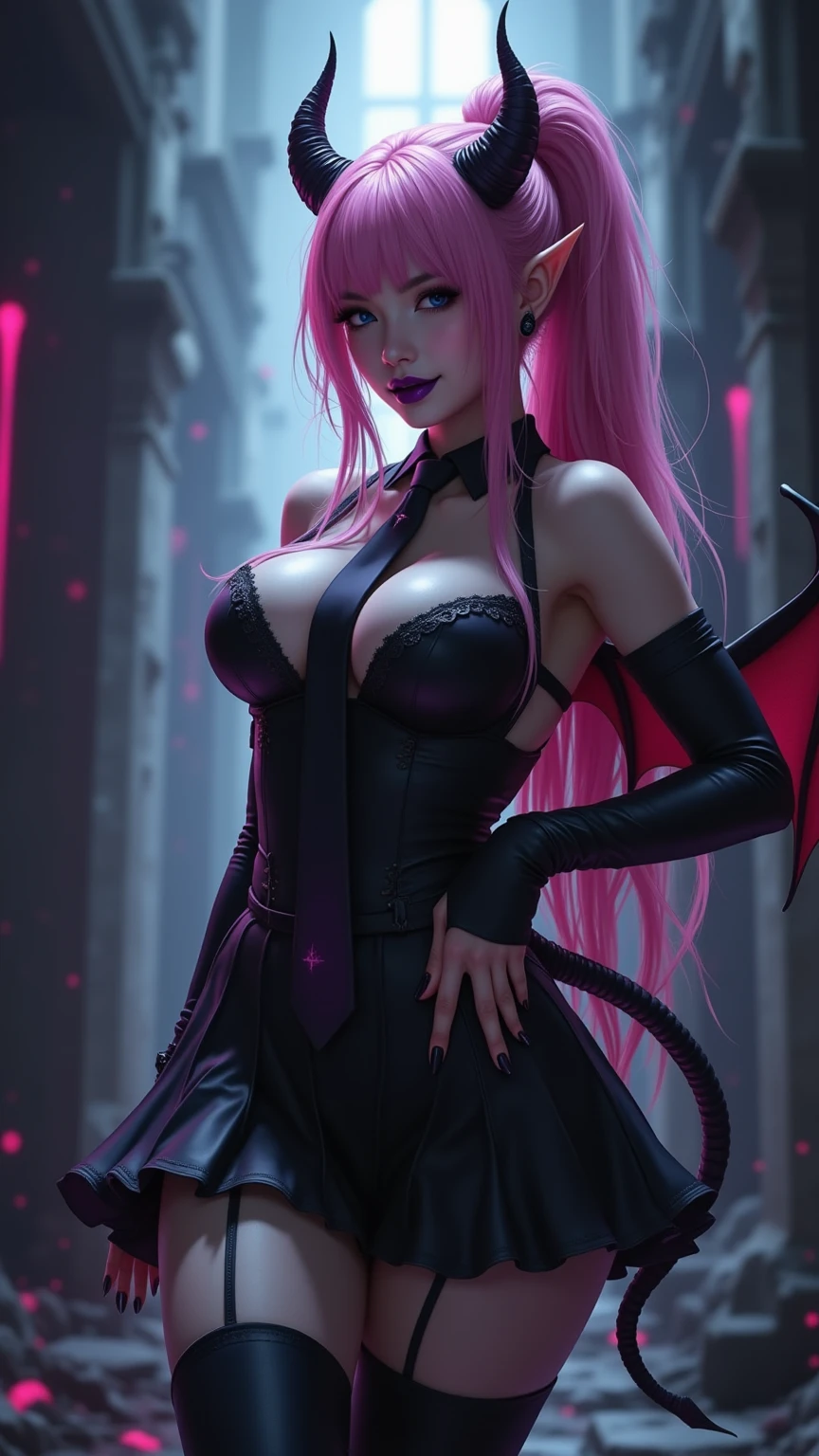 Make a demon girl pretty, powerful pink and very sexy