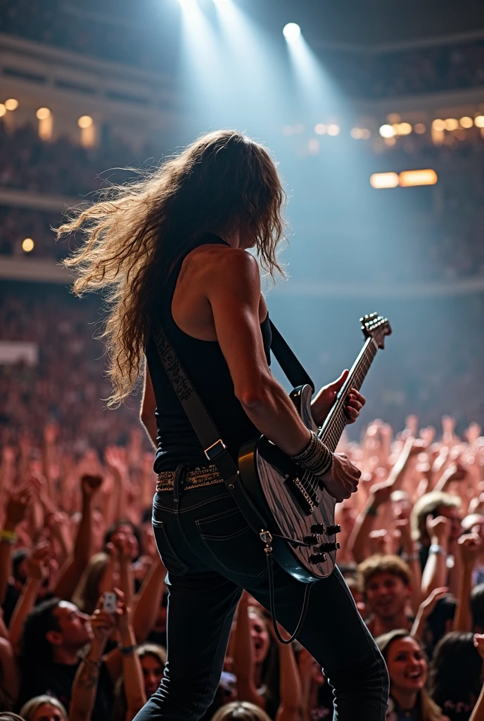 Randy Rhoads playing guitar on a modern arena stage, drinker, left-hander