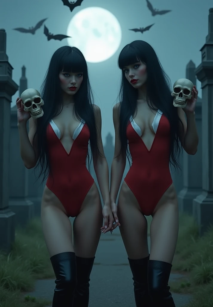 A beautiful woman in a red swimsuit identical to that of Vampirella, her face equal to that of Catherine Zeta Jones, long hair with fringes, green eyes, and sculptural body, she is walking towards the spectators, the environment, a cemetery with tombs and crypts, is at night and with a large full moon behind, there are bats flying around the moon, very realistic image and rendered by an iray, high definition in 8k , the woman is serious , and with blood running over her mouth and body , ( Vampirella, vampire, comics, realistic, painting --auto
