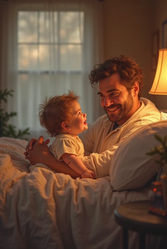 Create 10 images of a conversation between a father and son before bed. The father tells stories, but without using a book