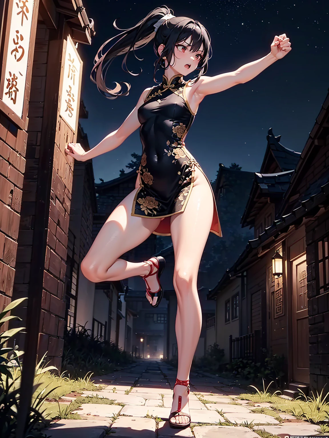Armpit Show,masterpiece,Highest quality,High resolution,The finer details,alone,Adult female,blush,Curvy,Large Breasts,Sweat,Oily skin,((Cheongsam with pink embroidery)),(Chinese-style castle),front