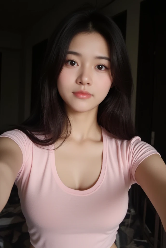 Selfie, Ultrarealistic, 17 year old teen girl, pretty face, white skin, dark brown hair, wearing a pink tshirt, upper body, (selfy with front camera), in living room