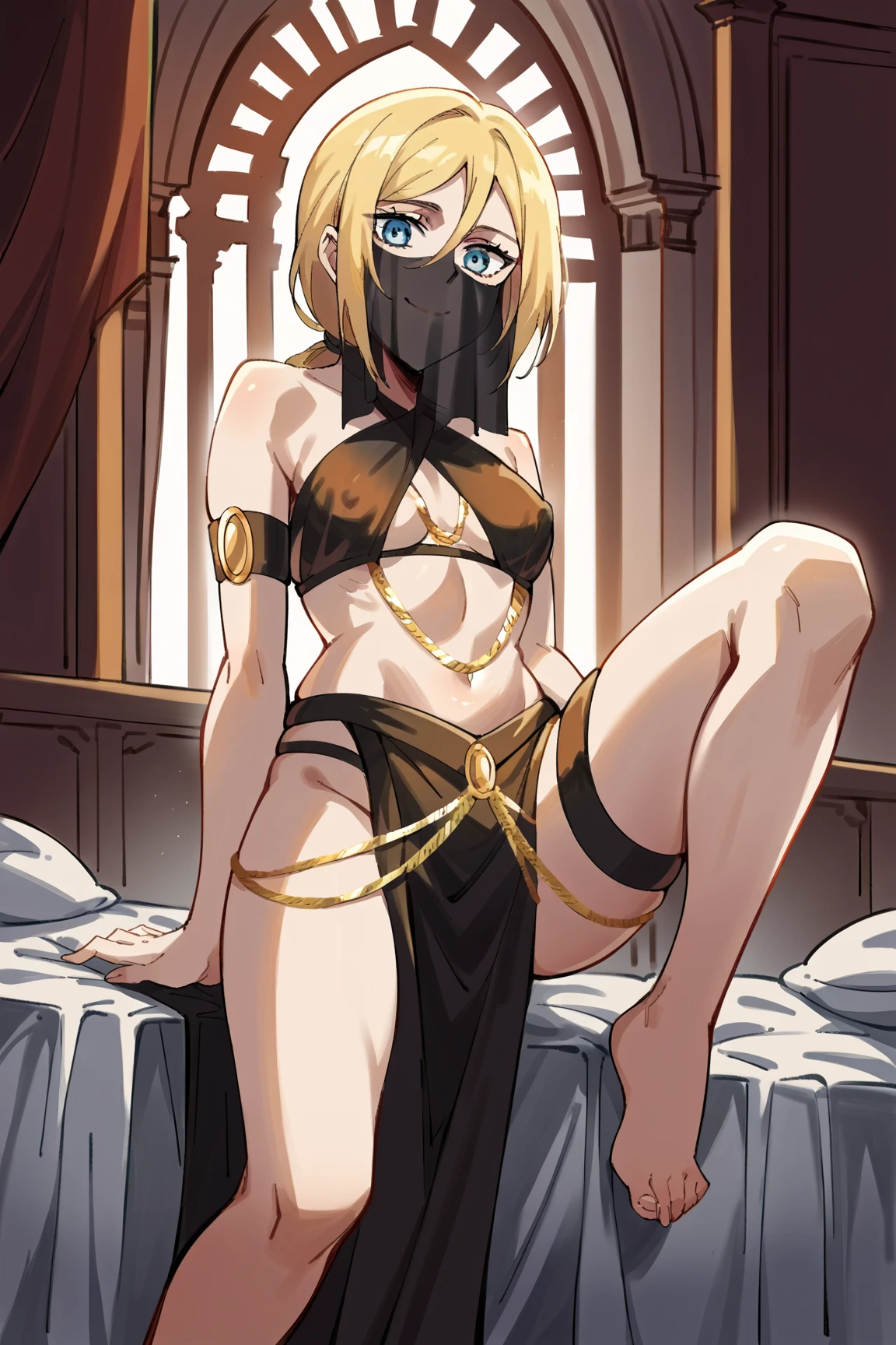 1boy, black eyeliner, male medium length mullet hairstyle, medium sharp hair texture, blonde hair, handsome, blue eyes, black choker, black long bandage gloves, white bandage on body, desert, room, red lipstick, femboy, blush, thin waist, open mouth, Lying on the sand, half open eyes, bandage pants, bandage choker, mummy, beautiful face, holds his hands behind his head 