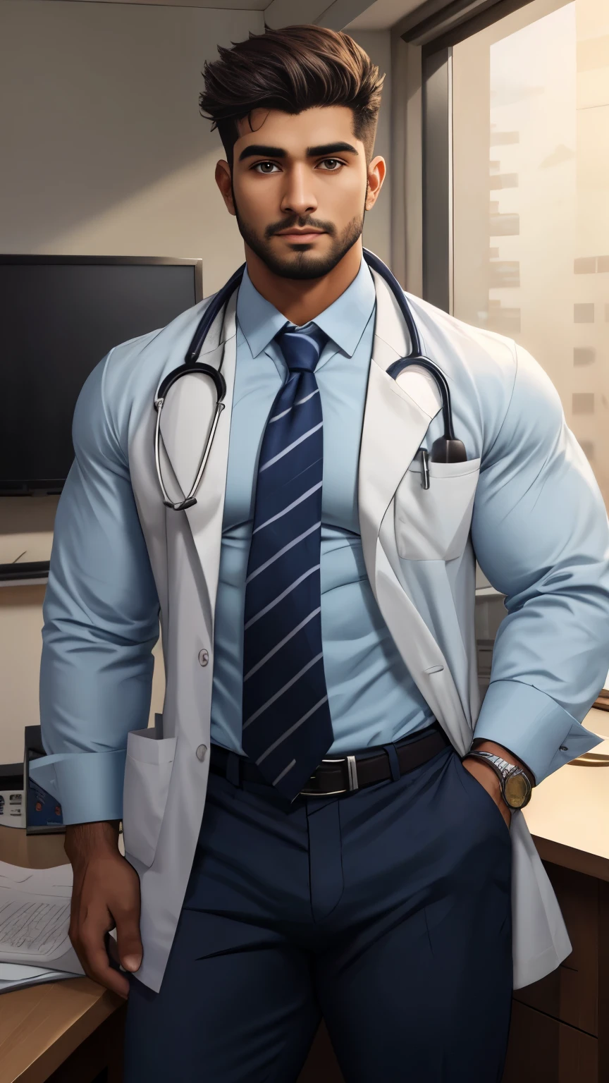 Handsome indian 30 years old masuculine bodybuiler GURJAR with Pain is raging on the face, screaming with pain and making aggressive face expressions with eyes closed, the head is tilted back spiky hairstyle doctor with stethoscope in neck, doctor uniform, standing in clinic with nurses, His perfect( big huge ) is (coming out) of his pant,masterpieces