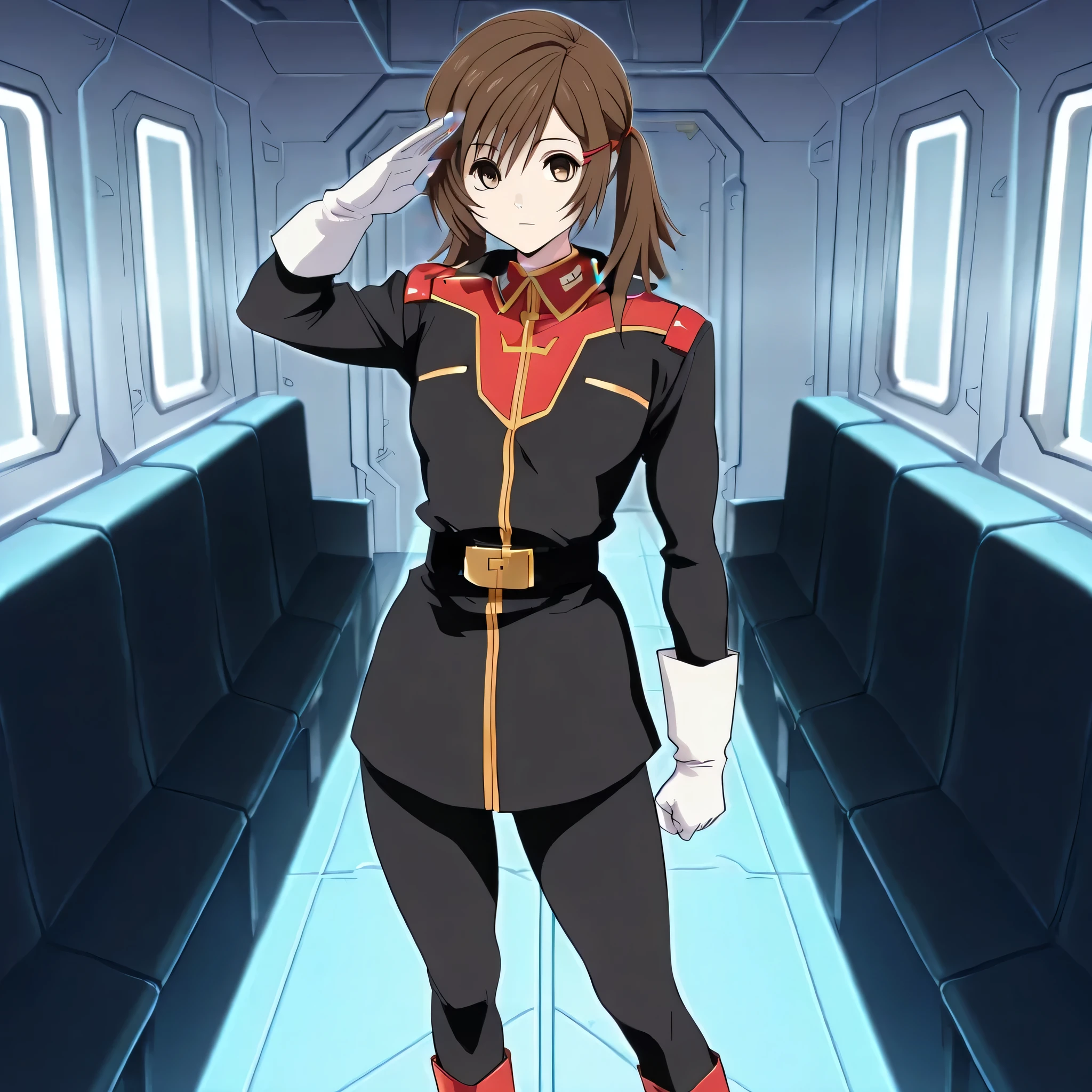 misa_GB, brown hair, brown eyes, flat chest, hair ornament, hair clip, asymmetrical hair, short twintails, expressionless, emotionless