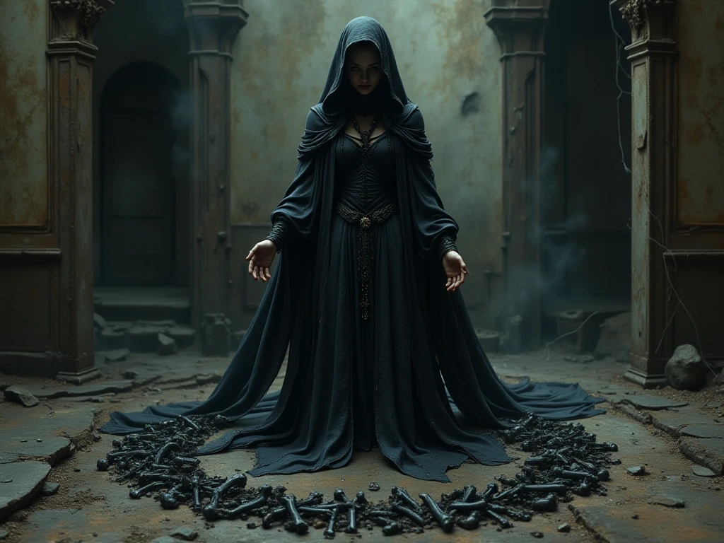 A figure chained to a throne made of bones and rusty metal, Her feet bound with heavy chains that seem to be made of moans and whispers. The chains are rooted in the ground of a barren land full of skulls.