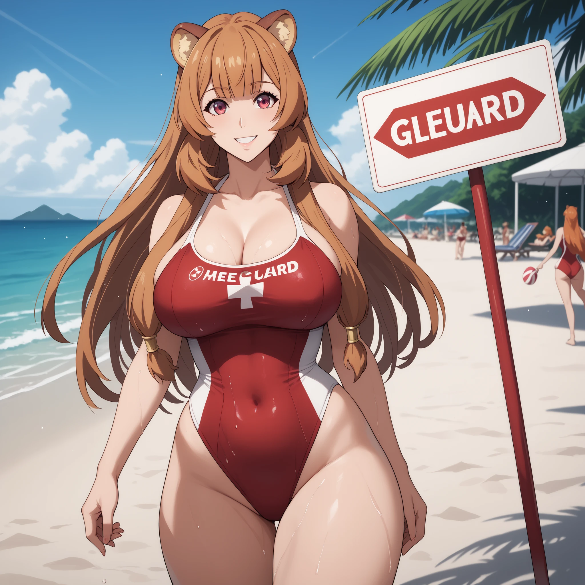Raphtalia, 20 years old, orange hair, ruby ​​red eyes, rounded animal ears, serene smile. Curvy and slender figure, large and shapely breasts. She wears a red lifeguard one-piece swimsuit. Her skin shines with water droplets, giving it a realistic, wet effect. She walks gracefully along a crowded tourist beach, with white sand and a crystal blue sea in the background. Warm and soft lighting that highlights the reflections in her skin and hair. Anime style, high quality ultra detailed art, 4K, soft shadows and vibrant lighting effects. (Big breasts) Standing walking in front of the viewer. Perfect skin without scars. Focus on the breasts. In the background a sign with the letters baywatch.