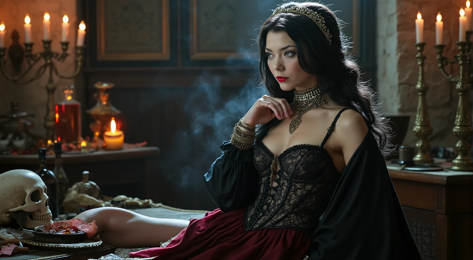 A strikingly beautiful gothic female vampire witch graces the scene, clad in a luxurious tight-fitting lace corset that accentuates her long, elegant legs. Her flowing cloak, adorned with intricate straps and shimmering red trim, drapes elegantly around her, embellished with exquisite diamonds and lavish accessories that catch the light. Posing in an opulent ancient castle alchemist room, she embodies the perfect fusion of high fashion and dark allure. The atmosphere is dramatically illuminated by volumetric light, casting ethereal beams that enhance her otherworldly beauty, while the scattered skulls and potion vials—crafted from crystal and adorned with jewels—reflect the soft glow, creating an enchanting yet haunting ambiance. Smoke swirls around ornate gothic candles, their flickering flames illuminating the opulence of her surroundings and casting eerie shadows that dance across the intricately designed stone walls, perfectly complementing her captivating presence.