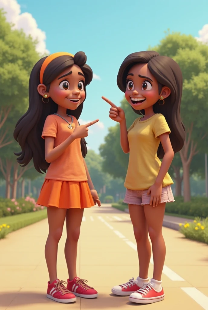 Two Tamil teen girl, wearing t shirt, walking in road, right side angle