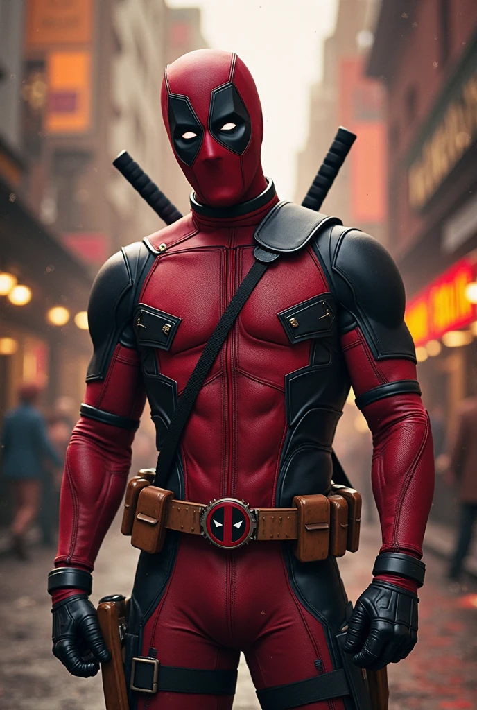 Create a hyper-realistic 8k cinematic image featuring Deadpool and Wolverine in an intense, action-packed crossover scene. Deadpool stands confidently with his signature red and black suit, dual katanas drawn, and a mischievous grin beneath his mask. His belt is loaded with various pouches and grenades, and his body language exudes his trademark sarcasm and unpredictability. Beside him, Wolverine stands with his iconic yellow and blue costume, claws extended from his hands, and a fierce, determined expression on his rugged face. The scene is set in a dark, rain-soaked urban alley, with water reflecting the neon lights from a nearby sign, capturing the gritty, relentless energy of these two iconic characters.