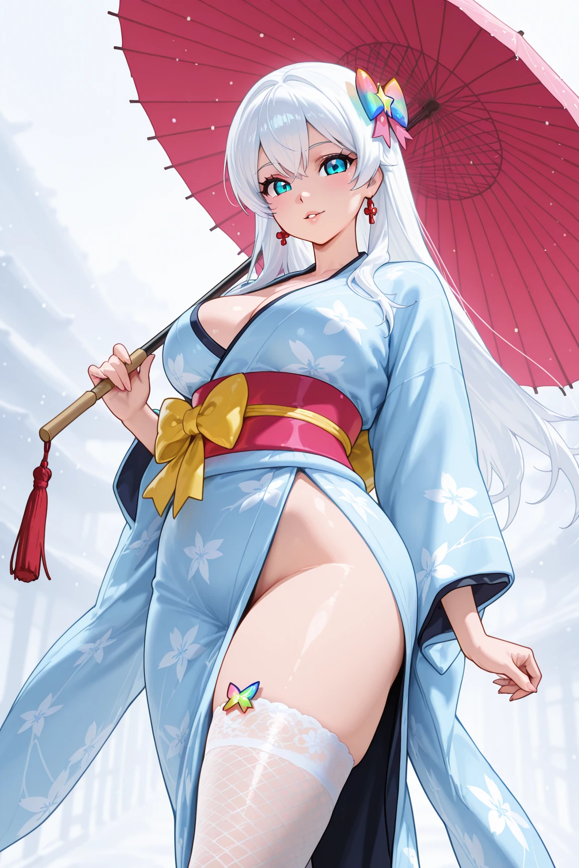 (masterpiece: 1.2, best quality), anime, (real image, intricate details, depth of field), (1girl, solo), perfect eyes, perfect face, perfect hands, perfect lighting, makeup, half-open lips, elf, highly detailed, perfect face, (huge breasts: 1.4), (skindentation), thick thighs, wide hips, thin waist, high, glossy coral lips, white hair, red eyes, (bright red eyes: 1.2), big ponytail, (A girl, Japanese kimono, holding a fan in her hands), (sweat: 1.2), (wet), sexy, blushing,