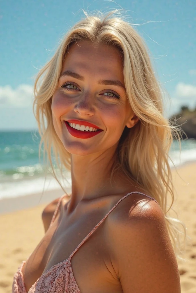 hyperrealistic beautiful busty 19-year-old woman with long legs wearing casual beach outfit, model shooting full body photography, bleached blonde very long straight hair, soaky wet skin, dark eye makeup with eyeliner, seductive smile, red lips, 8K, Best quality, Meisterwerk, ultra high resolution, (Realismus: 1.4), Originalfoto, (realistische Hautstruktur: 1.3), (Filmkorn: 1.3), (Selfie-Winkel), 1 girl, Beautiful round hazel eyes and facial details, Meisterwerk, Best quality, outdoor photography on the beach, nsfw