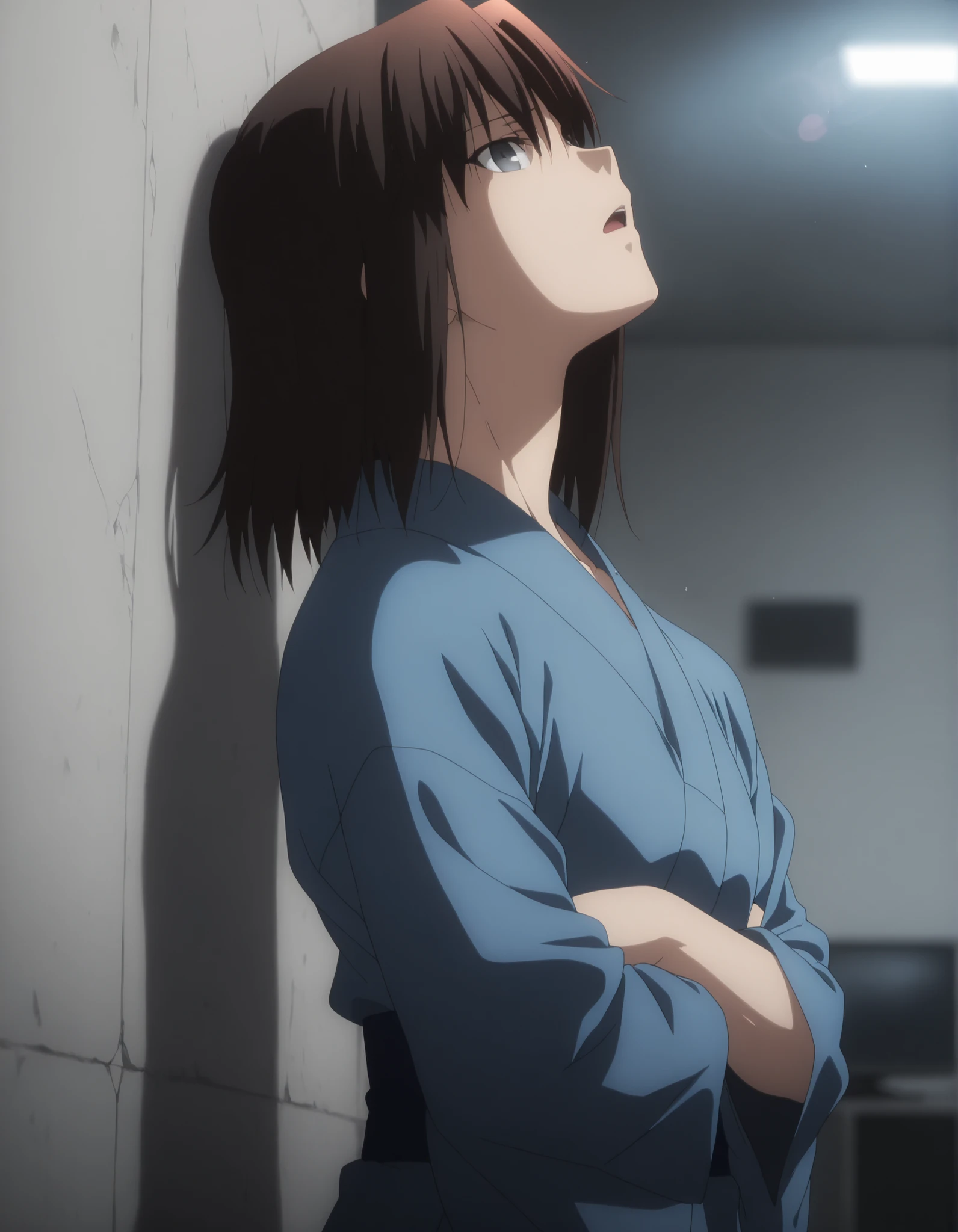 masterpiece, best quality, amazing quality, highres, absurdres, very aesthetic, high resolution, ultra detailed, perfect details, solo, midnight, indoors, ufotable style, (ruined office, cloudy, rainy), (lens flare, blurry background, ), backlight, from side,(from above), close up,
 
1girl, ufotable style, anime style,  (anime coloring:1.5), (anime screencap:1.2) , ,(standing, on wall, ), (worry, upturned eyes, light open mouth, ), ((head back, head lift)), BREAK  
   
girl, mature, slim body, slender body, ,Ryougi Shiki , TYPE-MOON / Kara no Kyoukai , dark brown hair,medium hair,grey eyes,

(crossed arms ,), blue kimono ,long sleeves, long kimono, bare thigh, (small breasts), flat chest, ((looking at viewer)), expressionless, aged up , concrete, gray background, embarrassed ,many TV, broken tv,