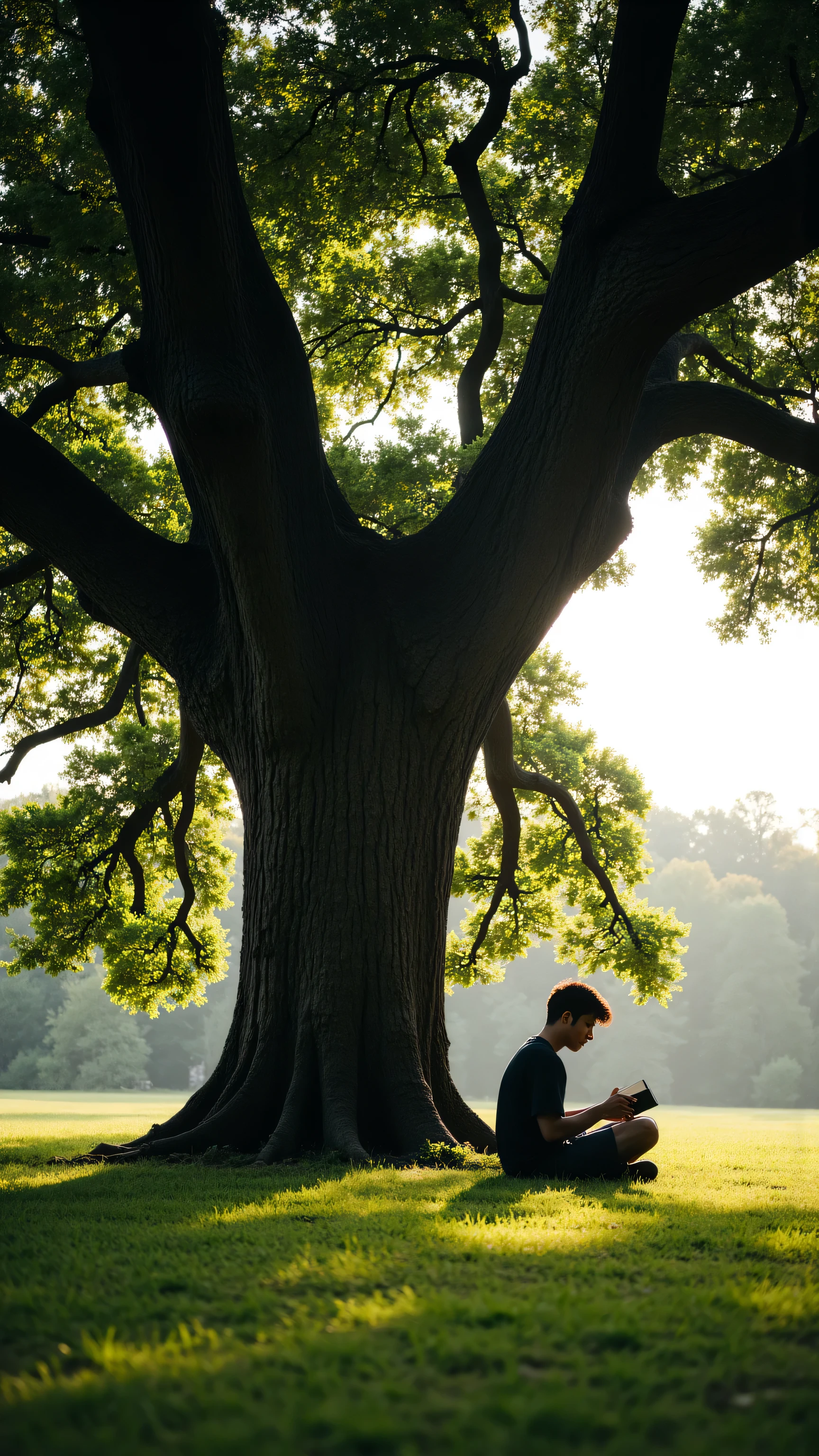 In the long shot, hyper-realism。there is a huge tree on the grass and a man is reading a book under the tree.aidmaExperimentalPhotography