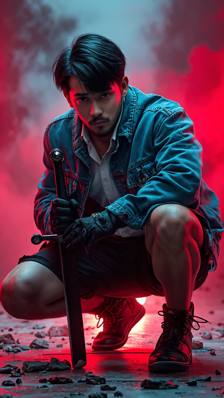professional masterpiece photography of a full body handsome, charming man with a terrifying expression full of anger, revenge, screaming, short trendy maroon hair, wearing tattered clothes with red ink on his face and cloth, black long pants, mystical effects, smoke, background of an empty luxurious house, dim neon lights, ultra realistic, resembling photo sony 7000D