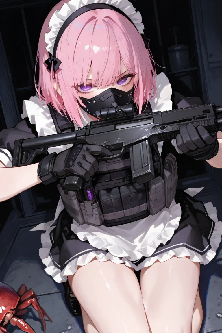 masterpiece, Improvement of quality, high quality, Excellent anatomy, Healthy Body, Refers to the whole, Normal numbers, 4K quality, girl, beautiful girl, Perfect body, whole body, 完璧なgirl, blue eyes, Hollow Eyes, Fedora hat, Black Shirt, heavy rain, Thunder Strike, Long black suit, mini black skirt, Black tie, She has a submachine gun, Human corpse, Bloodbath, Blood splatter, Behind him was a man wearing the same clothes.、He had a submachine gun。, In the back alleys of the city.Pink Hair
