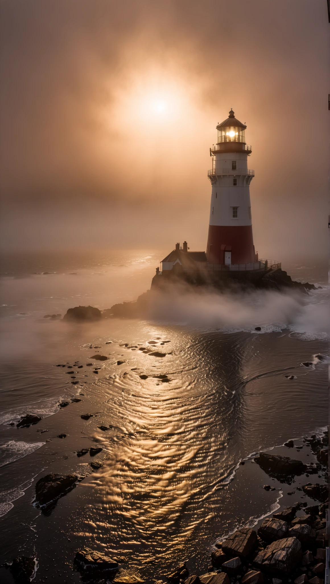 wide angle photo of a lighthouse , glowing in a dark night, ROH, ((dark night):1.3), ((Seemist):1.1), ((Tyndall effect):1.5), (( light penetrating fog )1.4), (( golden hour ):1.2), (finely detailliert waves), ( detailed light ), ( detailed mist ), (cold colors), Brise, Brise, Spiegelung, (Meisterwerk), (perfect aspect ratio), (Realistic photo), (best quality), ( detailliert) photographed with a Canon EOS R5, 50mm lens, F/2.8, HDR, (8K) (Tapete) (cinematic lighting) (dramatic lighting) (Sharp Focus) (complicated).