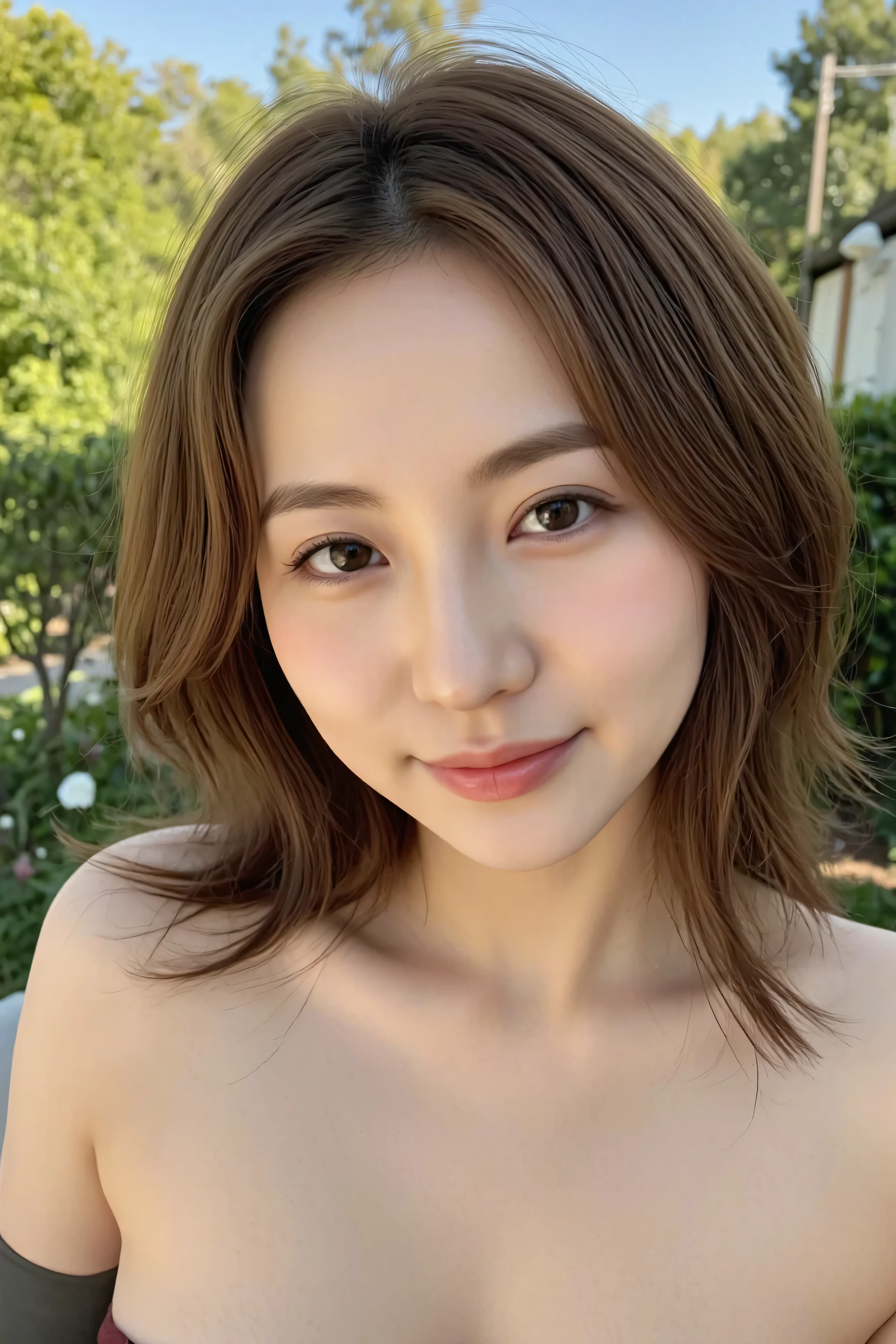 (( top quality)), ((傑 top quality、 masterpiece、high sensitivity、 high resolution、 detailed depiction of the entrance、 depicting a delicate face ))、nice body、female、glass、With a happy smile、black glasses、big breasts、Topless、anatomically correct, garden background 、Wide Angle Shot, Sony FE GM,