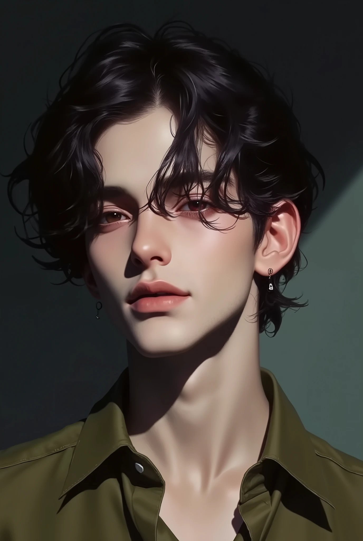 Realistic digital painting
Portrait of a young man
Moody, contemplative expression
Soft, natural lighting
Dark, messy hairstyle
Olive-green long-sleeved shirt
Handsome, elegant male character
Pale skin, subtle glow
Dark aesthetic, melancholic atmosphere
Detailed facial features, expressive eyes
Modern casual attire
Bedroom setting with dim light
High contrast shadows and highlights
Sensual and introspective mood
Smooth rendering, highly detailed textures