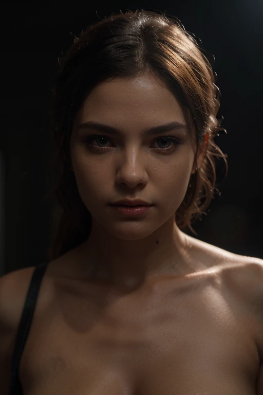 Create a highly realistic and impactful image of a muscular man or woman in a dark, intense gym environment. The lighting should be dramatic, with deep shadows and focused beams of light highlighting the contours of the muscles. The subject should be in the middle of an intense workout, like lifting heavy weights or performing a challenging exercise. The gym should have a gritty, industrial feel, with dark tones, metallic textures, and a raw, powerful atmosphere. Sweat and determination should be visible on the subject's face, emphasizing the intensity of the moment.