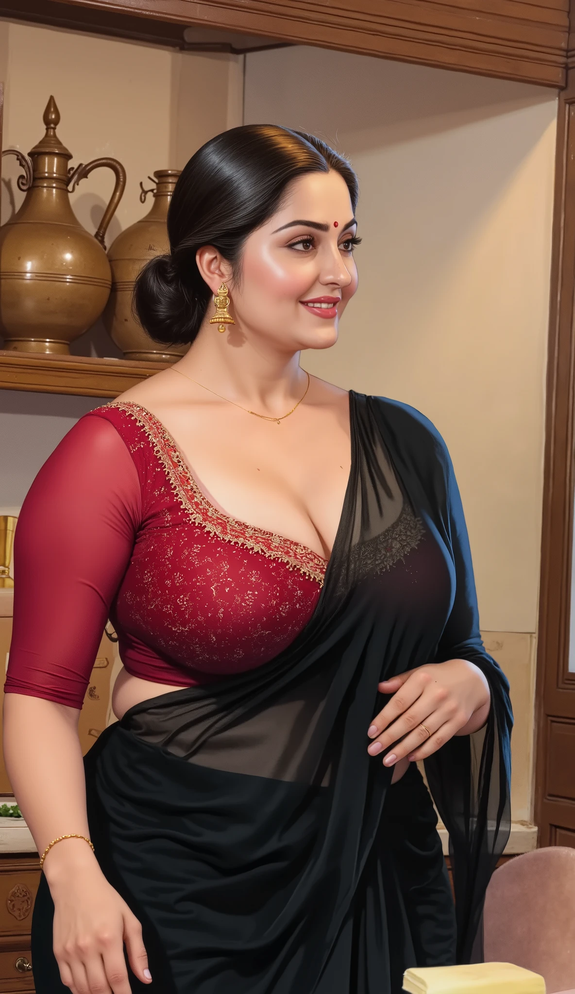 (Centered composition, cinematic lighting, detailed background) — A high-resolution, ultra-detailed watercolor painting in the style of renowned Indian artist Manimala. POV, first person view, cowboy shot, The scene shows a graceful, curvaceous Indian woman around 45 years old, looking at the front viewer and at the camera, dressed in a black chiffon sari and a deep neck half-sleeves embroydered red colored bra. She standing is in a warmly lit, traditional Indian kitchen, she has locked her eyes towards the viewer with locked eyes. Her posture is elegant yet subtly seductive. She wears a red bindi, delicate gold earrings, and a traditional low bun hairstyle with dark, glossy hair parted slightly off-center. The bun is neatly coiled at the nape of the neck, giving an elegant and composed appearance. A few soft, loose strands fall naturally around her temples and cheeks, gently framing her face. The hair has a healthy sheen, appearing well-groomed yet effortlessly graceful, adding a romantic, slightly tousled charm to her traditional look.
Her warm smile and flirtatious gaze are directed at the viewer, creating an intimate and inviting mood. The background is softly focused, showing brass vessels, warm wooden textures, and the gentle glow of morning or evening light filtering in. The camera perspective is from the seated viewer’s point of view, heightening the feeling of personal attention. The overall style is vivid, colorful, and richly textured, blending traditional beauty with cinematic artistry — 8K, ultra-detailed, soft volumetric lighting, photorealistic, oil painting style, rich tones, goddess-like presence, evocative and serene.