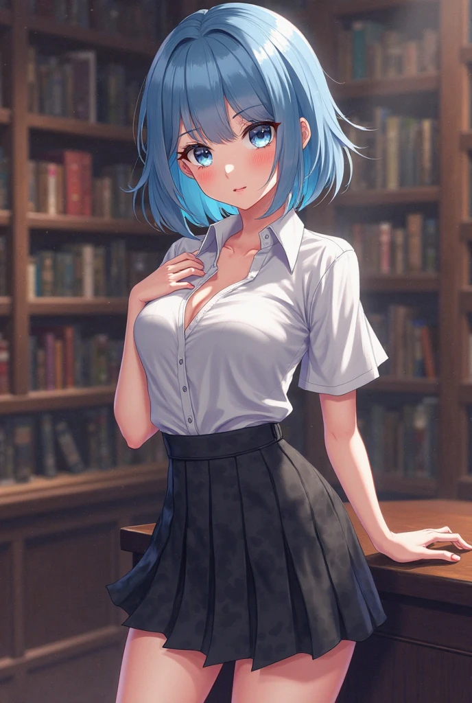 nakano nino, short hair, medium breast, slim legs, happy, cleavage, short skirt, navel, blue eyes, school uniform, thigh high socks, standing, library,