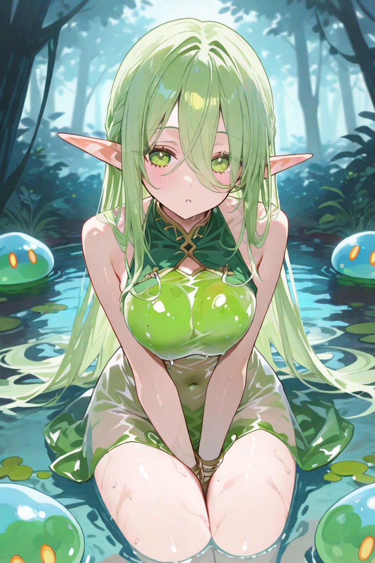 Pov, (((goblin monster girl))), (((dark green skin))), blue hair, ahegao, tongue out, perfect body, (((body mostly covered in green liquid))), dripping, saliva dripping,((( fishnet bodysuit))), on all fours, in forest, tilting head in anticipation towards camera, wet skin, pink eyes, masterpiece, hyper realistic anime art, massive amount of sticky green liquid , (((erotic pose))), seductive, begging, (((torn clothes))), in heat, sharp teeth,pink tribal tattoos, butt up, perfect butt, solo girl --auto --s2