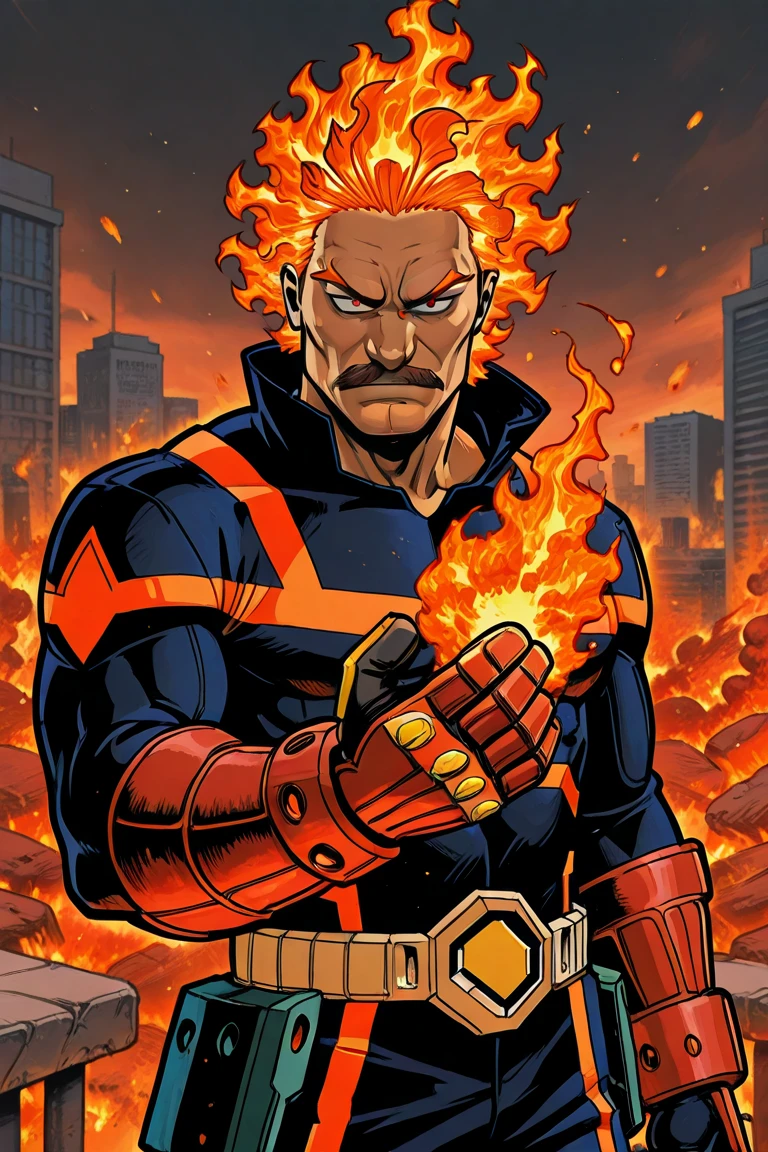 Endeavor, my hero academia, from front, super fine, bodysuits, middle-aged man, hunk, looking down and mouth wide open with shocked face, crotch grab, crotch squeeze,