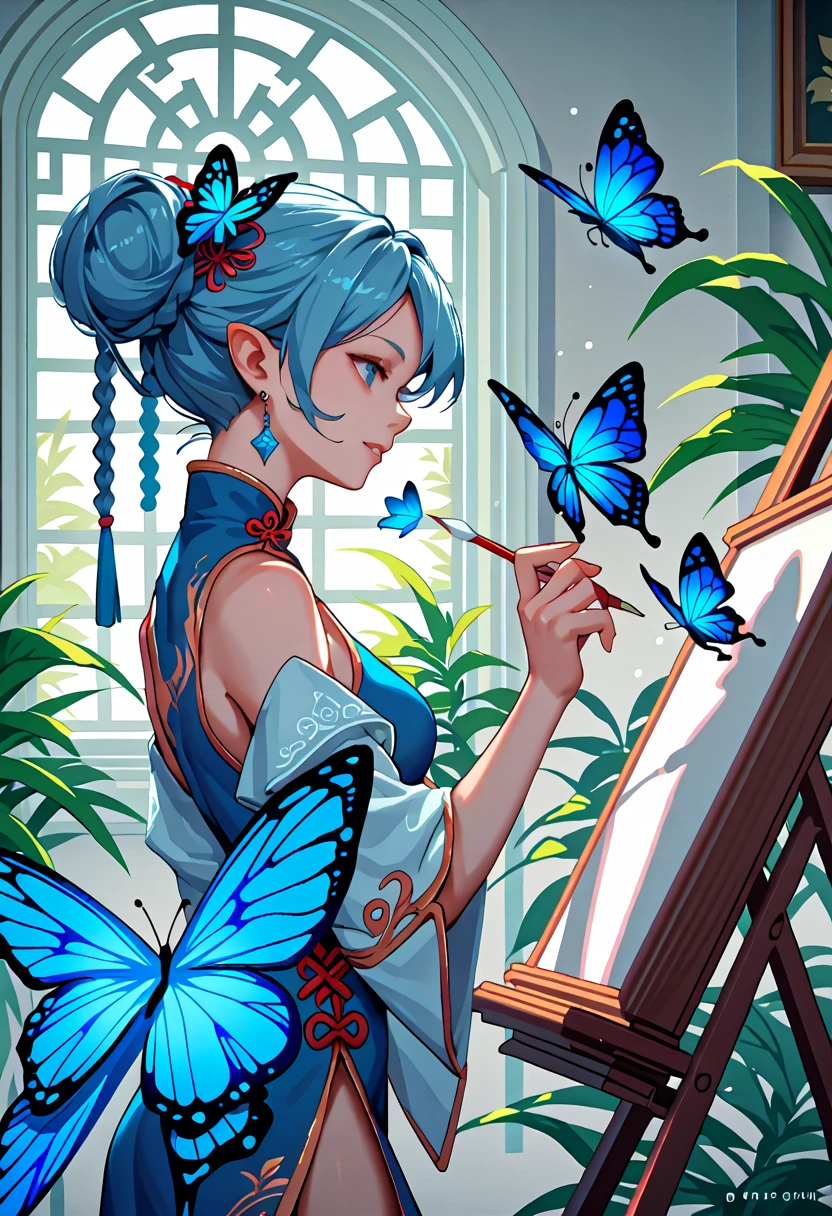 blue butterfly,painting,butterfly fairy,1girl,Chinese style,Side view