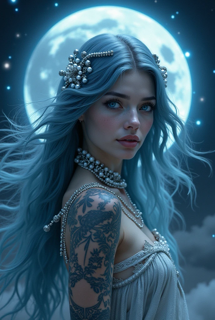ethereal fantasy concept art, (((full medium shot))), (Masterpiece, photorealistic, photorealism, best quality, ultra-detailed:1.3), (nice hands, perfect hands), official art, cinematic light, (1girl:1.3), adult, looking at viewer, hair ornament, dynamic pose, frown, earrings, neon in station, night, black & blue hair, white bodysuit. magnificent, celestial, ethereal, painterly, epic, majestic, magical, fantasy art, cover art, dreamy
