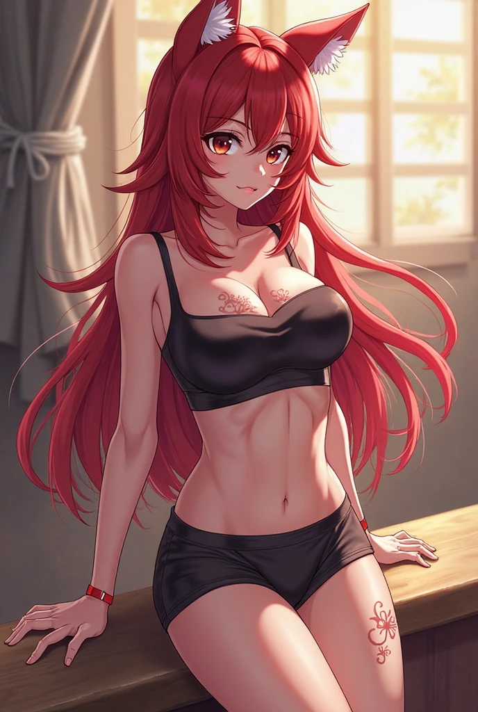 Nino:long red hair,she has big breasts she is wearing tight wet white panties and a tight wet black bra tight gym pants,she is standing,Anime 8k