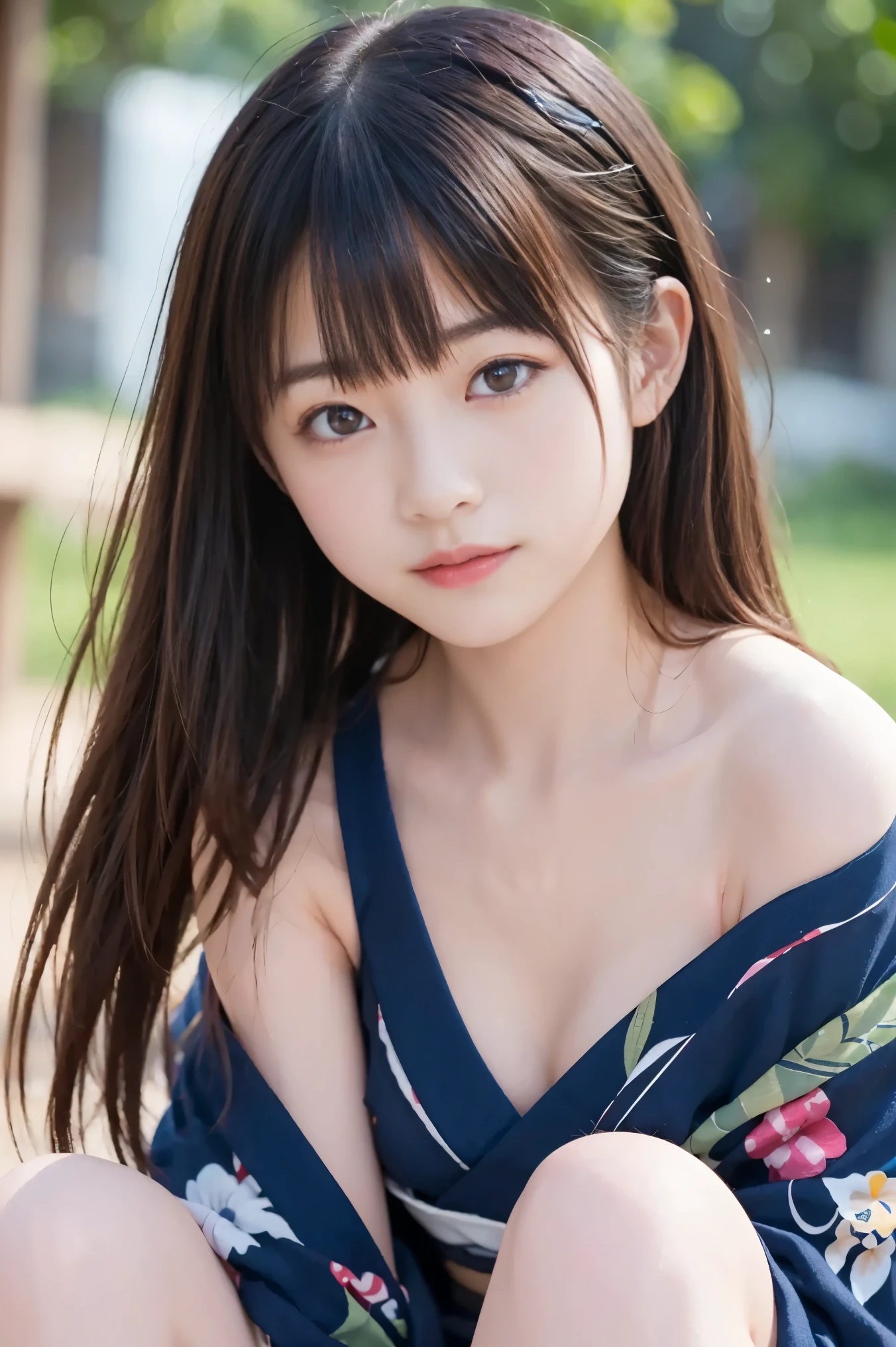 masutepiece, Best Quality, 8K, 8years old, , Raw photo, absurderes, award winning portrait, Smile, Solo, Idol face, Delicate girl, Upper body, Digital SLR, Looking at Viewer, Candid, Sophisticated,Thin arms, Professional Lighting, Film grain, chromatic abberation, (Eyes and faces with detailed:1.0), (Bokeh:1.1) , (Kimono:1.1) , closes mouth , A dark-haired , drooing eyes , Average-sized breasts , (Thick lip:1.2) , 15-year-old face , red-lips , de pele branca
