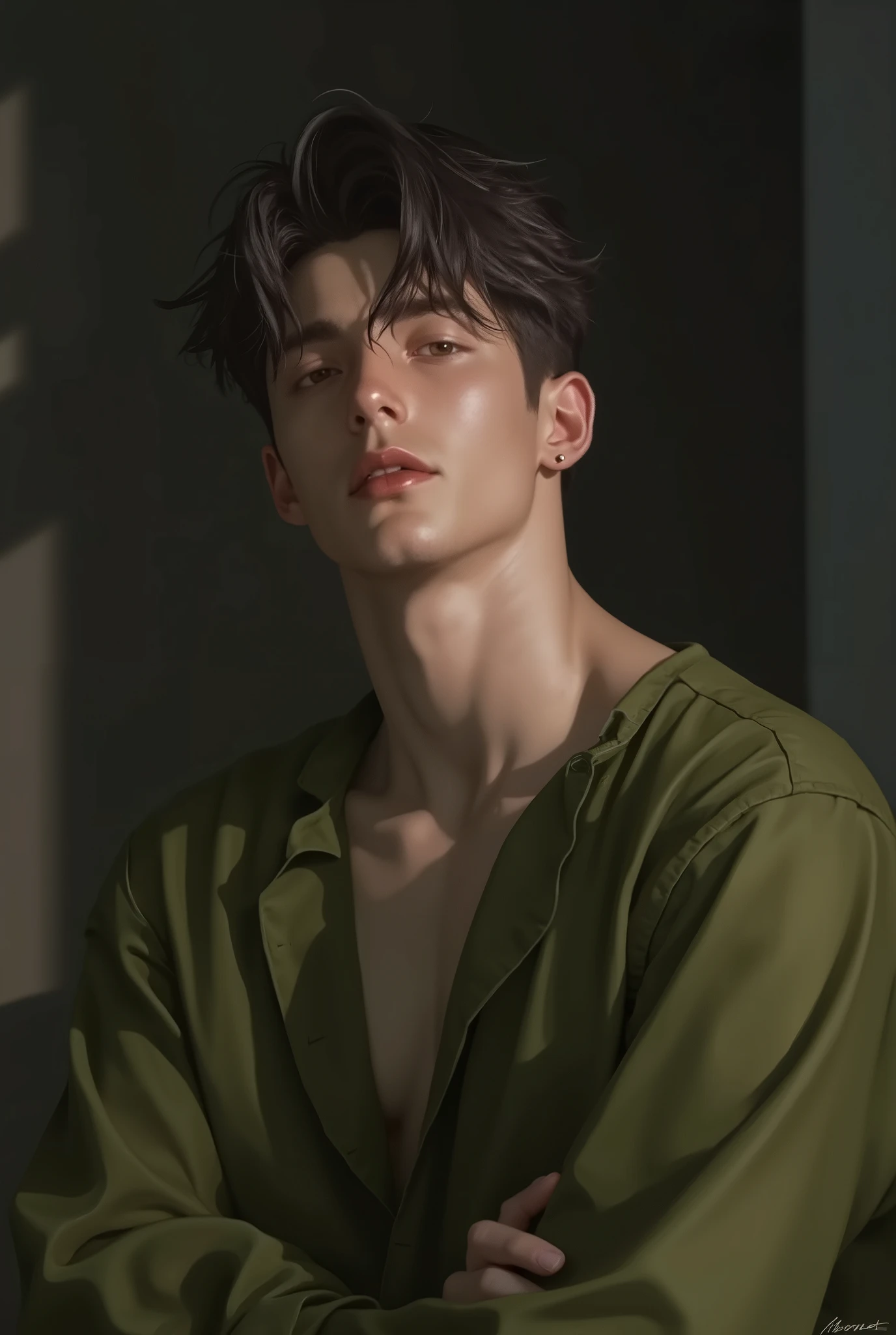 Realistic digital painting
Portrait of a young man
Moody, contemplative expression
Soft, natural lighting
Dark, messy hairstyle
Olive-green long-sleeved shirt
Handsome, elegant male character
Pale skin, subtle glow
Dark aesthetic, melancholic atmosphere
Detailed facial features, expressive eyes
Modern casual attire
Bedroom setting with dim light
High contrast shadows and highlights
Sensual and introspective mood
Smooth rendering, highly detailed textures
