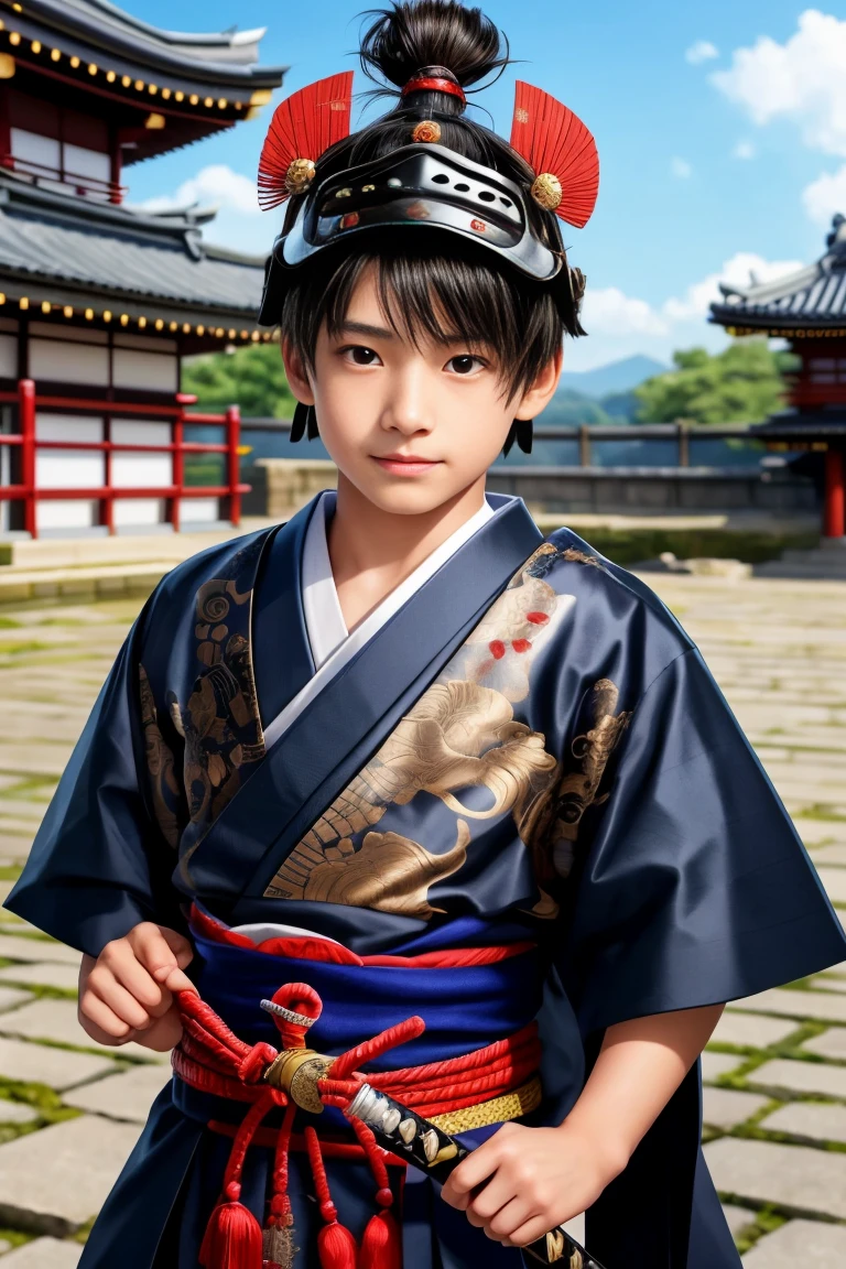 a 7 year old japanese boy, short hair, cute smiling face, traditional japanese loincloth outfit, detailed face and eyes, highly detailed, 4k, photorealistic, masterpiece, vivid colors, natural lighting