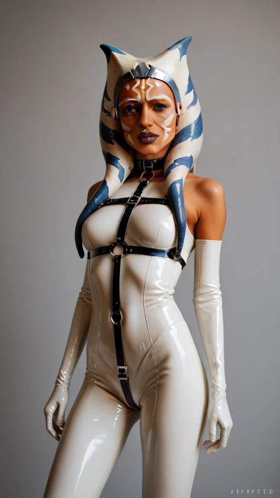 A beautiful sexy , ahsoka, skin tight latex, dressed as latex imperial officer, (detailed realistic,4k,highres,masterpiece:1.2),