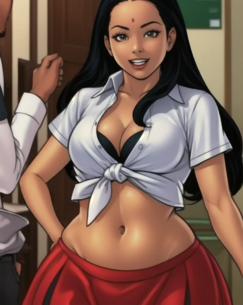  glamorous, short blue plaited skirt, tied white shirt, red bra, midriff, black hair in pony tail
