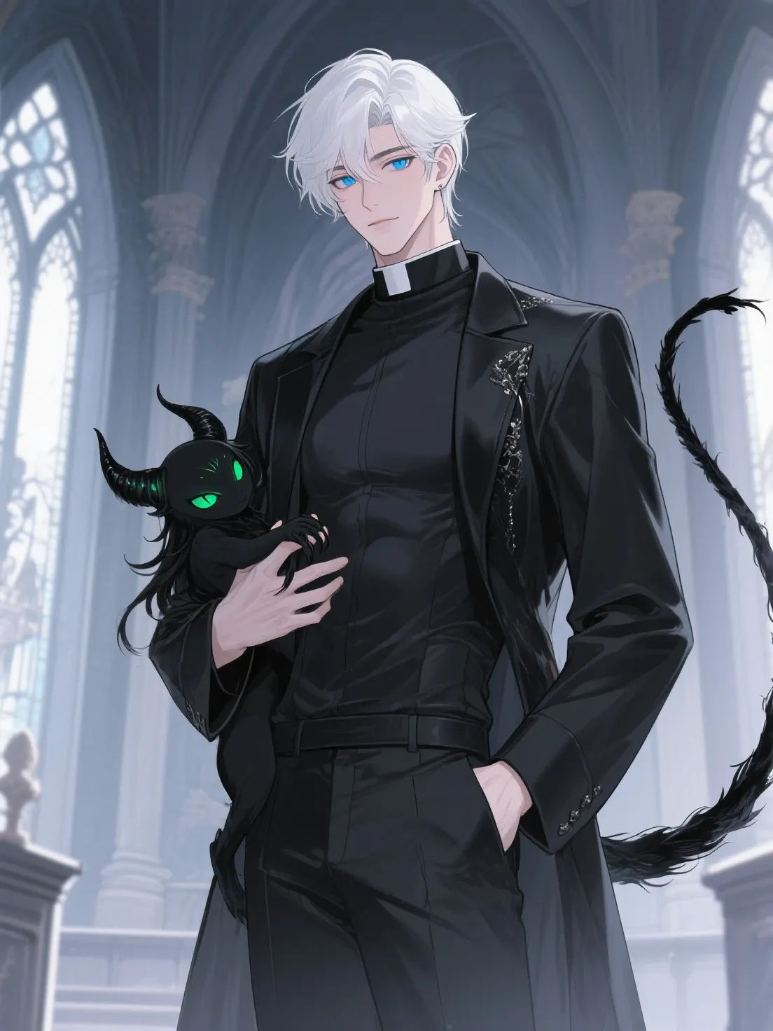 A 30-year-old man, white hair and yellow eyes with cat eyes, gray dragon scales on his arms, wears black medieval clothing and a tattered beige, medieval, anime cape.