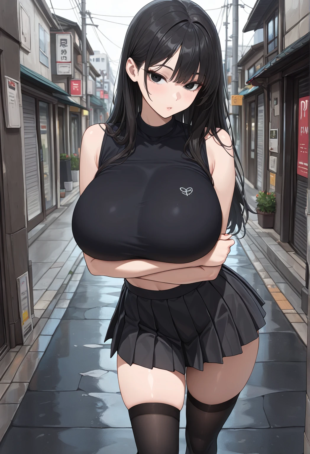 (masterpiece, 最high quality, 超High resolution, Very detailed), (Realistic:1.1, photoRealistic:1.4), Perfect illustration, Perfect lighting,Hair in perfect detail, Perfect and detailed face, Perfect collarbone, Perfect body,Juicy breasts, Perfect Thighs, Beautiful feet, View your viewers, 1 Girl,Perfect Face, (Perfect Anatomy, Anatomically correct), Symmetrical face、((Shiny Hair)),Sexy Body、(masterpiece),(最high quality:1.3),8k,Very clear,(Ultra-realistic),,Captivating woman,(high quality, High resolution, Fine details), Realisticなスタイルの女性,Juicy breasts、One perfect woman、Perfect Face、Symmetrical face、Baby Face、((Large Breasts))Cleavage、blush、((Juicy lips))、Cowboy Shot、((Short black bangs that expose the eyebrows))、((Large, double-set black eyes、Long eyelashes))、((Red makeup))、(((Completely naked、stockings)))、(Random Pause:1.5)、(Outdoor、On the streets of Tokyo at night)