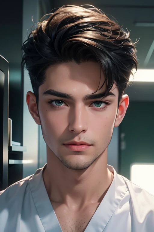 SHARP ANIME IMAGES ,male doctor in clinic with skin scrub, Age 32 years, cute, With green eyes, ผมสีดำ,  with short dark beard , perfect lips, Beautiful man , best quality, Masterpiece, Details, perfect face, very high definition,  I want an anime picture 