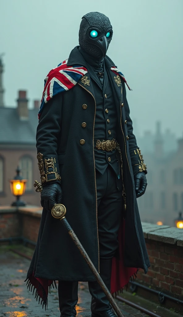 a steampunk war general standing on a battlefield while a civil war rages in the background, realistic