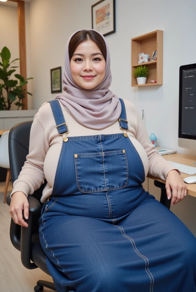 Malay milf in hijab, wearing a glasses, overweight, chubby, ssbbw, getting fat, obesse, belly getting bigger, potrait, smile, wearing a cardigan, at office, office desk, office chair