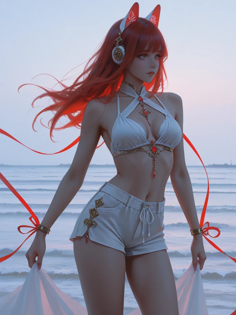 ((autumn background))), ((Waterland background)))), (white bikini:1.5), (((luminous background))), (Masterpiece, Excellent, 1girl, solo, complex details, color difference), realism, ((medium breath)), off-the-shoulders, big breasts, sexy, Yae Miko, long pink hair, red headdress, red highlight, hair above one eye, green eyes, earrings, sharp eyes, perfectly symmetrical figure, choker, neon shirt, open jacket, turtleneck sweater, graffiti, dim lighting, alley, looking at the audience, ((mean, seductive, charming)), (dynamic pose), tulle, bare shoulders, blooming flower fields, radiant skin, faint smile, sexy, bust, no breast cover, naked, cocked ass, tummy look