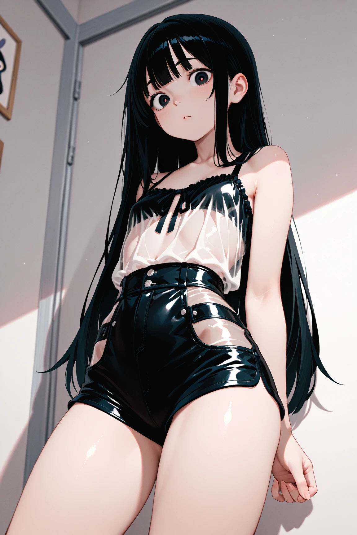 High quality, high definition, masterpiece, raw photo, Anatomy Correct, 1 girl, Black hair, straight hair, long hair, Gradient black eyes, Clear eyes, A slender body, sweet, wearing revealing underwear, white bra, white panties, pussy cameltoe, Living room, sitting, spread regs,