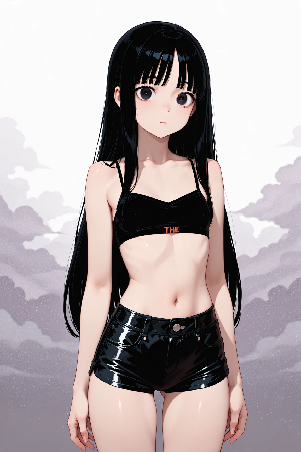 Perfect human body modeling, 1 girl, cute girl, pretty face, bitter smile, 12 years old, Beautiful black long hair, beautiful eyes, flat chest, small build, No muscles, white skin, fashion show, runway, spotlight, whole body, swimsuit that is too tight to wear, Naughty Swimsuit,