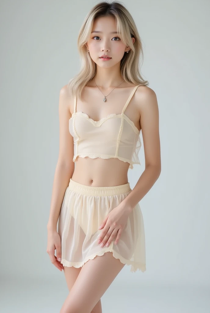 ((best quality, 8K, masterpiece: 1.3)), 1 girl, Slim abdominal muscle beauty: 1.3, (Casual hairstyle, Large Breasts: 1.2), skirt: 1.1, Super delicate face, Exquisite eyes, Double eyelids, Smile, On the bed,full-body shot,See the whole body,Creamy white thin skirt dress,Strapless underwear.Exquisite small earrings.princess hair style.Excited expression,eyelashes long.(Long blond hair, Ponytail),Legs open.Sweet and bright smile.Ass upturned.