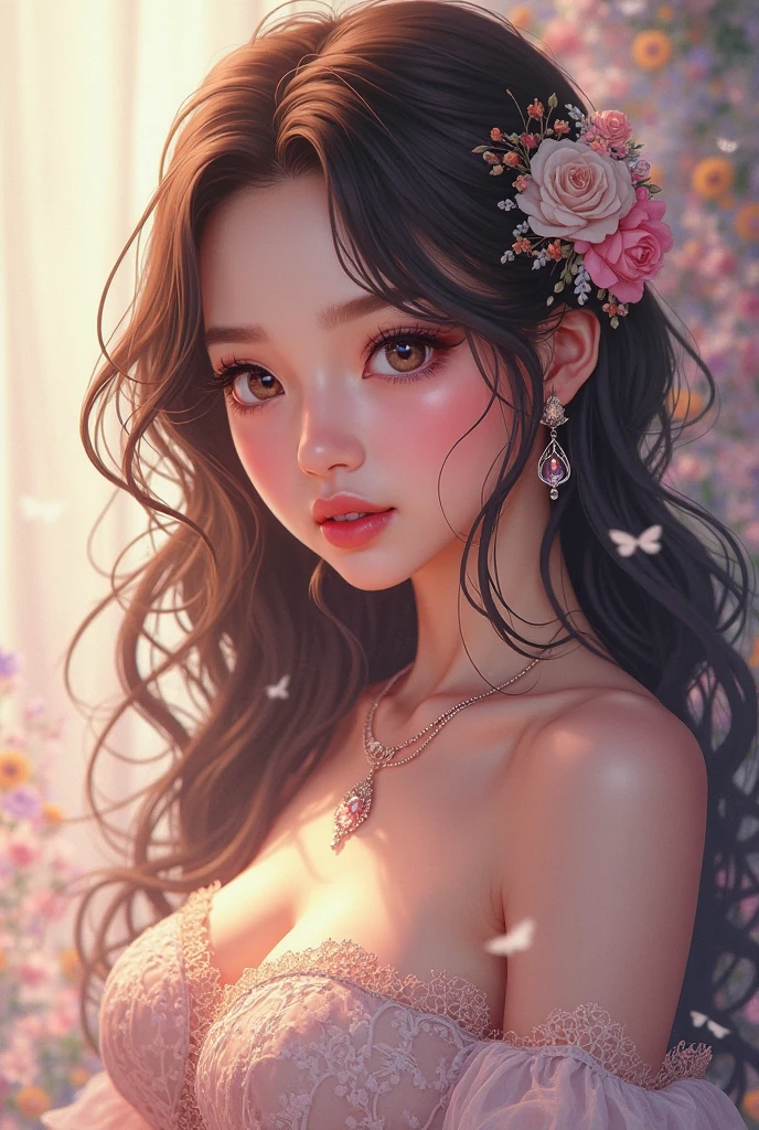 Very detailed, Seductive erotic women sweating, Breasts covered with rose petals, (plump, pink/Blue Hair), Face-centered, Face Focus, Complex eyes,Thai woman