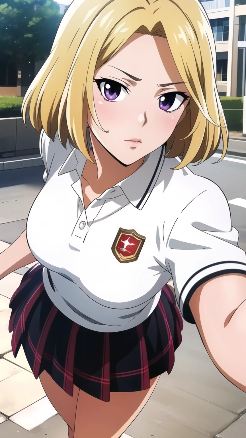 masterpiece, high quality, (realistic skin texture), (Anime Coloring), very well detailed, very well detailed, preface face, beautiful eye, perfect eyes, detail eye, big highlight, detail face, super detailed, detail eye, Symmetrical eye, (Dynamic Angle), (((expressionless))), sharp details, That Katamisuzu , blond hair, short hair, (half closed eyes:0.8), (small breasts:1.2), Ken1loli, ((schoolgirls uniform, polo shirt, mini skirt, thighs)), (1 girl), (young face:1.5), beautiful long legs, Beautiful body, Beautiful Nose, beautiful character design, perfect eye, perfect face,expressive eye, perfect balance , viewers,(Focus on her face),closed my mouth, (Innocent_big_eye:1.0), official art,Highly Detailed CG Unity 8K Wallpaper, perfect lighting,colorful, bright_Front _face_lighting,white skin, (masterpiece:1.0),(Highest_quality:1.0), High Resolution,4K,super detailed, photo shoot, 8k, High Resolution, High Resolution, (Absard Dress:1.2), Kodak Portra 400, FILM GRAIN, lens flare, ( vibrant_color:1.2), pro pics, (Narrow _ waist ),